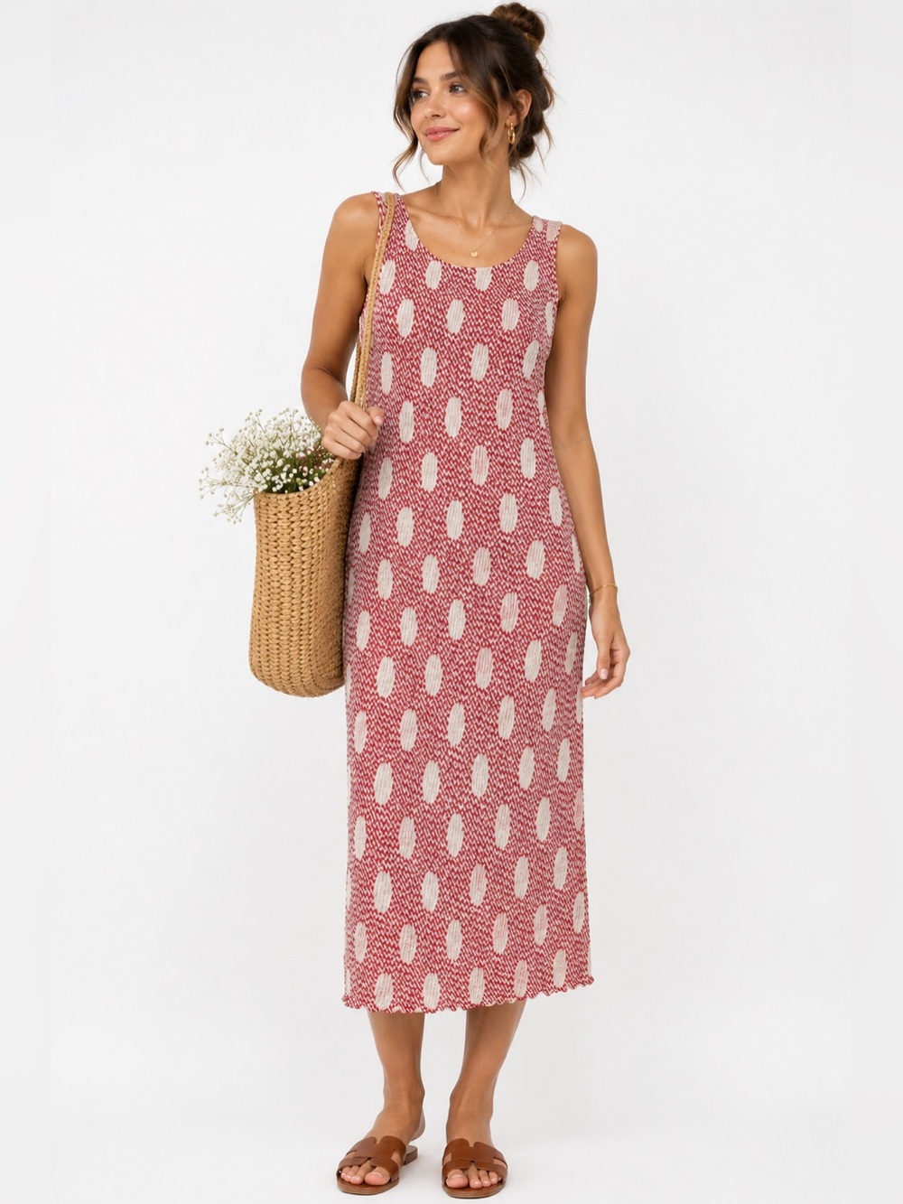 Compañía Fantástica Smocked Midi Dress Red White Polka Dot Stretch Bodycon L